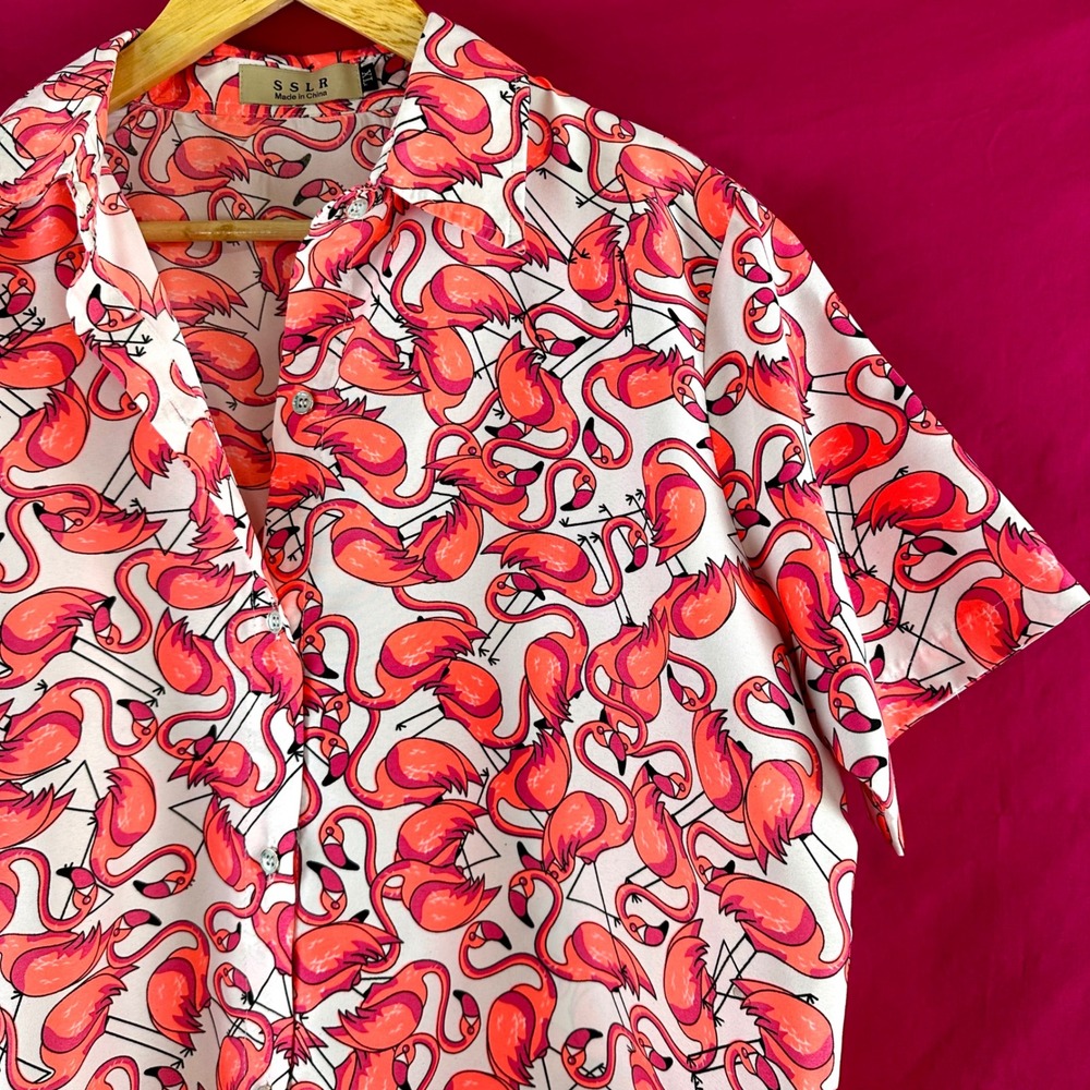 Flamingo Print Hawaiian Shirt by SSLR Men's XL Pink Fun‎ Novelty Vacation Shirt
